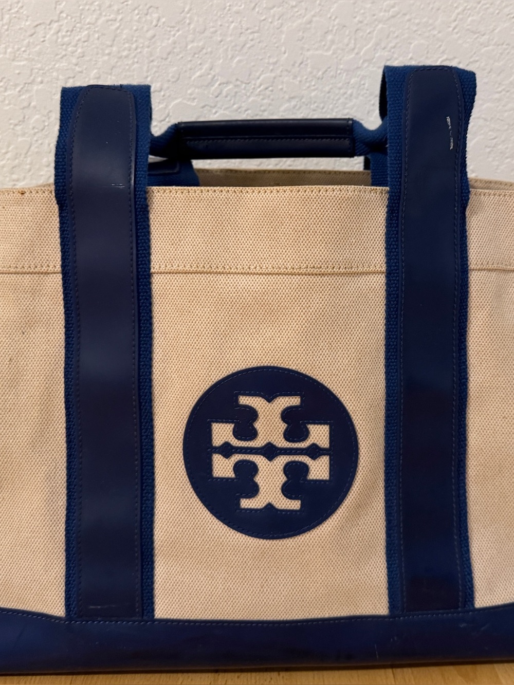 Tory Burch Beige Canvas Tote with Blue Trim